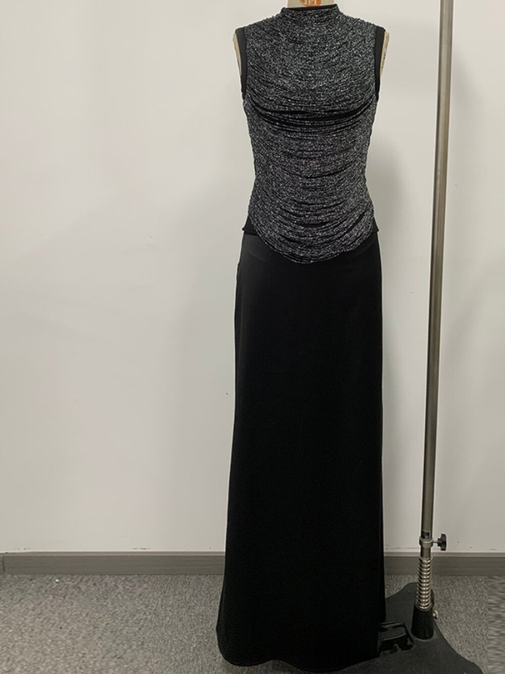 Black Metallic Fringe Top & Satin Maxi Skirt 2-Piece Evening Set
